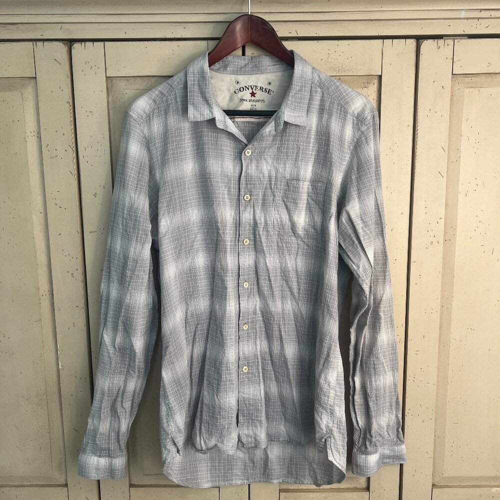 John Varvatos x Converse Grey Plaid Button Down Shirt, Size Medium